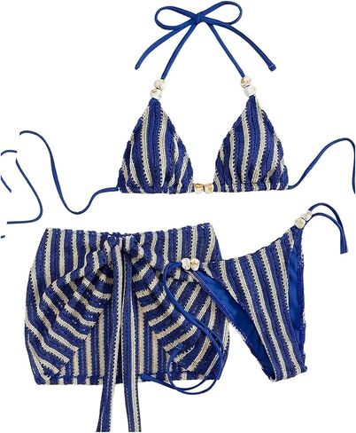Verdusa Women's 3 Piece Halter Bikini Sets Striped Beaded Triangle Swimsuit with Beach Cover Up Skirt in Kuwait