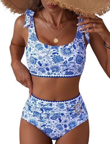 Women's High Waisted Tummy Control Bikini Sets Bow Shoulder Strap 2 Piece Swimsuit Shell Stitched Bathing Suit in Saudi Arabia