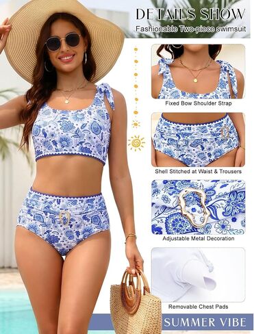 Women's High Waisted Tummy Control Bikini Sets Bow Shoulder Strap 2 Piece Swimsuit Shell Stitched Bathing Suit in Saudi Arabia