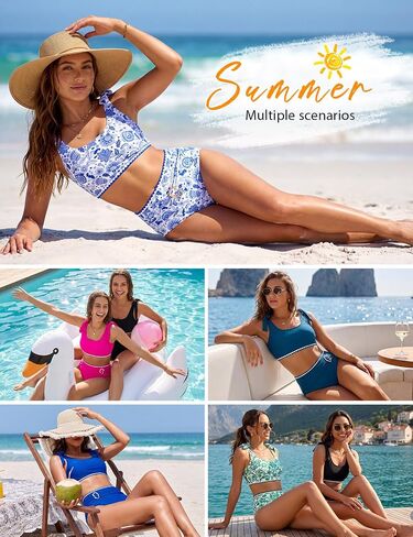 Women's High Waisted Tummy Control Bikini Sets Bow Shoulder Strap 2 Piece Swimsuit Shell Stitched Bathing Suit in Saudi Arabia
