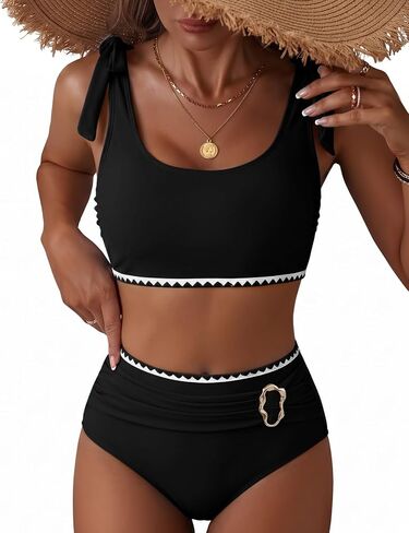 Women's High Waisted Tummy Control Bikini Sets Bow Shoulder Strap 2 Piece Swimsuit Shell Stitched Bathing Suit in Saudi Arabia