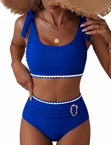 Women's High Waisted Tummy Control Bikini Sets Bow Shoulder Strap 2 Piece Swimsuit Shell Stitched Bathing Suit in Saudi Arabia