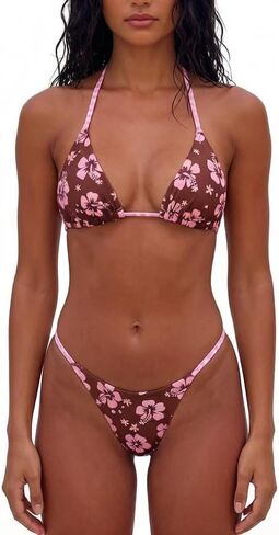 MakeMeChic Women's Floral Bikini Sets Halter Triangle Bikini High Cut Thong Tie Backless Swimsuit Bathing Suit in Kuwait