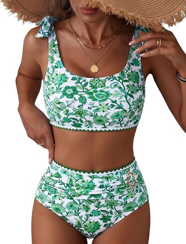 Women's High Waisted Tummy Control Bikini Sets Bow Shoulder Strap 2 Piece Swimsuit Shell Stitched Bathing Suit in Saudi Arabia