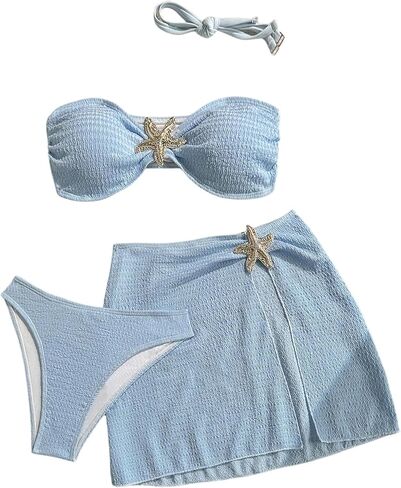 Milumia Women's 3 Piece Swimsuit Starfish Textured Strapless Bandeau Bikini Sets with Slit Skirt Cover Up in Kuwait