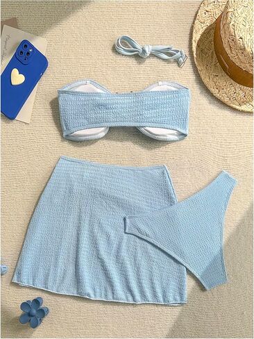 Milumia Women's 3 Piece Swimsuit Starfish Textured Strapless Bandeau Bikini Sets with Slit Skirt Cover Up in Kuwait