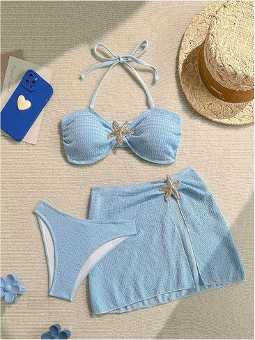 Milumia Women's 3 Piece Swimsuit Starfish Textured Strapless Bandeau Bikini Sets with Slit Skirt Cover Up in Kuwait