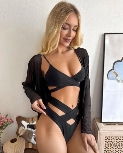 Women’s 3 Piece Bikini Set with Sheer Long Sleeve Cover-Up High Cut Wrap Cheeky Swimsuits Swimwear in Saudi Arabia