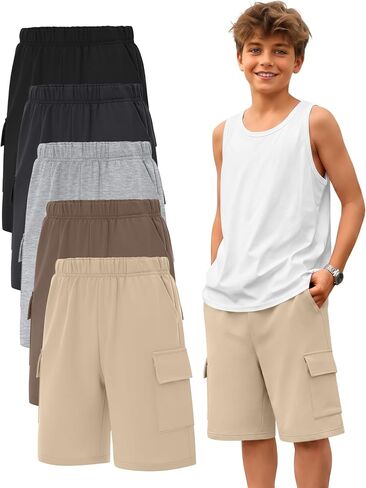 5 Pack Boy Cargo Shorts 5-16Y Athletic Loose Elastic Wide Leg SweatShorts Youth Summer Multipack Shorts with Pockets in Saudi Arabia
