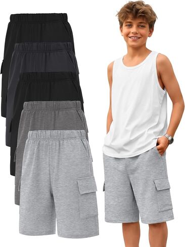 5 Pack Boy Cargo Shorts 5-16Y Athletic Loose Elastic Wide Leg SweatShorts Youth Summer Multipack Shorts with Pockets in Kuwait