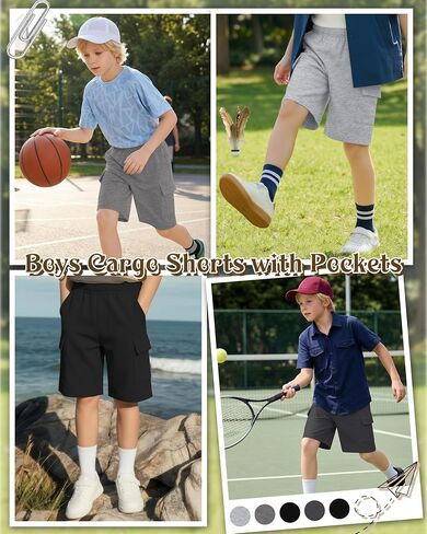 5 Pack Boy Cargo Shorts 5-16Y Athletic Loose Elastic Wide Leg SweatShorts Youth Summer Multipack Shorts with Pockets in Kuwait