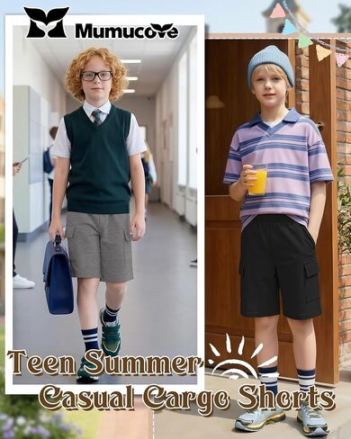 5 Pack Boy Cargo Shorts 5-16Y Athletic Loose Elastic Wide Leg SweatShorts Youth Summer Multipack Shorts with Pockets in Kuwait