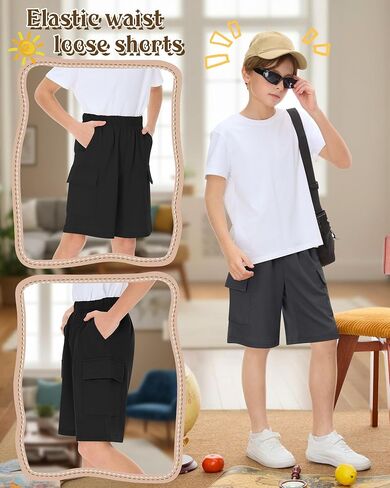 5 Pack Boy Cargo Shorts 5-16Y Athletic Loose Elastic Wide Leg SweatShorts Youth Summer Multipack Shorts with Pockets in Kuwait