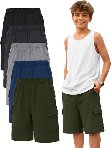 5 Pack Boy Cargo Shorts 5-16Y Athletic Loose Elastic Wide Leg SweatShorts Youth Summer Multipack Shorts with Pockets in Kuwait