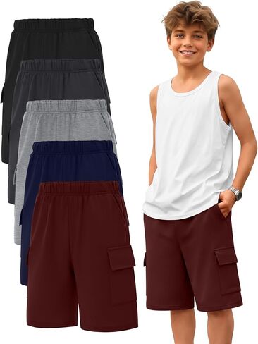 5 Pack Boy Cargo Shorts 5-16Y Athletic Loose Elastic Wide Leg SweatShorts Youth Summer Multipack Shorts with Pockets in Kuwait