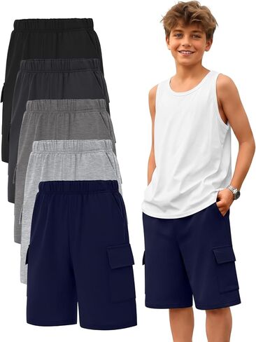 5 Pack Boy Cargo Shorts 5-16Y Athletic Loose Elastic Wide Leg SweatShorts Youth Summer Multipack Shorts with Pockets in Kuwait
