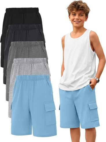 5 Pack Boy Cargo Shorts 5-16Y Athletic Loose Elastic Wide Leg SweatShorts Youth Summer Multipack Shorts with Pockets in Kuwait