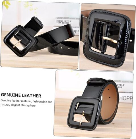 Women Patent Leather Belt with Adjustable Square Buckle Genuine Leather Back European Style Waist Corset Belt for Dresses Jeans and Trousers in Saudi Arabia