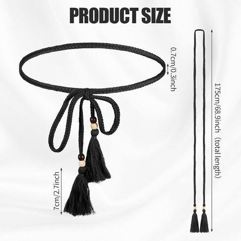 2 Pcs Rope Belts for Women, Woven Beaded Tie Decorative Belts for Women Trendy, Fabric Cotton Tassels Boho Rope Belt in Kuwait