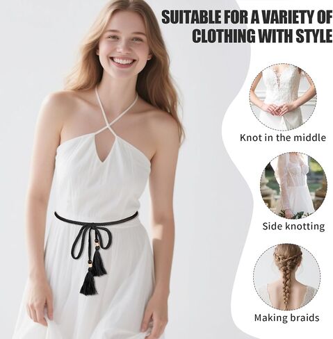 2 Pcs Rope Belts for Women, Woven Beaded Tie Decorative Belts for Women Trendy, Fabric Cotton Tassels Boho Rope Belt in Kuwait