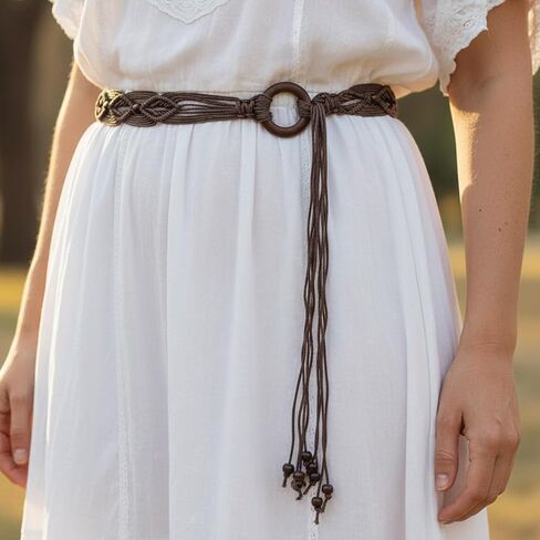 Women's Bohe Rope Braid Waist Belt Bohemian Woven Belt for Women Wooden Beaded Braided Belt Renaissance Rope Wide Belts in Kuwait
