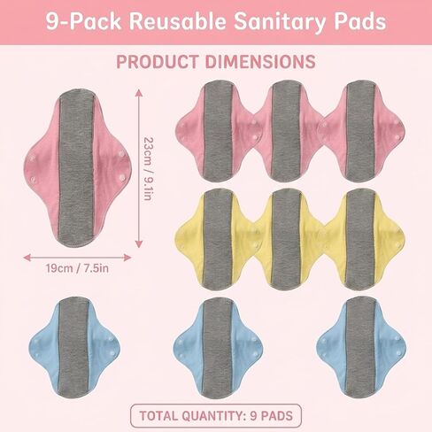 9 PCS Washable Incontinence Pads for Women, Reusable Incontinence Pads for Women, Reusable Panty Liners, Set with 3 Pink, 3 Yellow, 3 Blue, Soft and Absorbent, Comfortable and Discreet in Saudi Arabia
