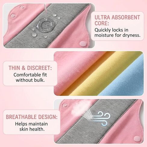 9 PCS Washable Incontinence Pads for Women, Reusable Incontinence Pads for Women, Reusable Panty Liners, Set with 3 Pink, 3 Yellow, 3 Blue, Soft and Absorbent, Comfortable and Discreet in Saudi Arabia