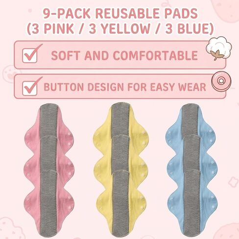 9 PCS Washable Incontinence Pads for Women, Reusable Incontinence Pads for Women, Reusable Panty Liners, Set with 3 Pink, 3 Yellow, 3 Blue, Soft and Absorbent, Comfortable and Discreet in Saudi Arabia