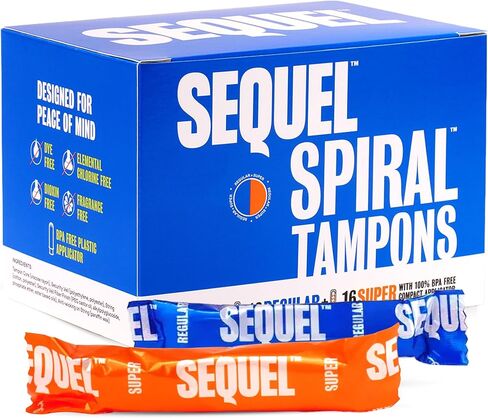 Sequel Spiral Tampons for Women, Regular and Super Absorbency, 32 Count Combo, Patented Helical Design, BPA Free Compact Plastic Applicator, Dye Free, Fragrance Free, Unscented in Kuwait