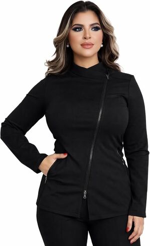Women’s Professional Tunic Top – Long Sleeve Beauty Workwear Jacket with Black Zipper. in Saudi Arabia