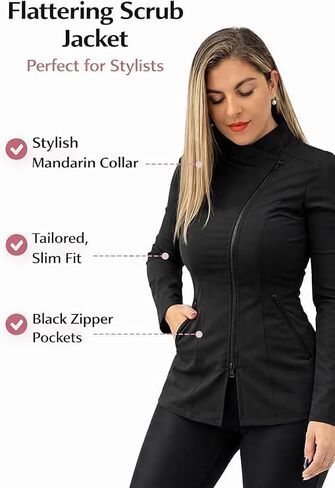 Women’s Professional Tunic Top – Long Sleeve Beauty Workwear Jacket with Black Zipper. in Saudi Arabia
