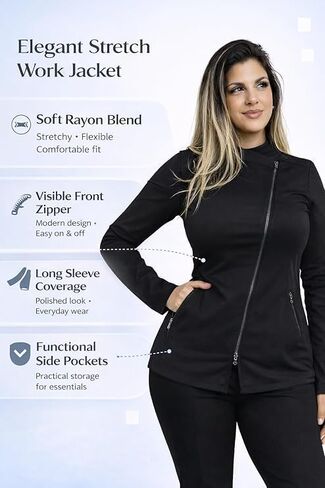 Women’s Professional Tunic Top – Long Sleeve Beauty Workwear Jacket with Black Zipper. in Saudi Arabia