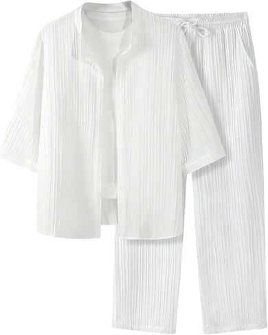 VIPWOLF Men's Big and Tall Outfits Textured 3/4 Sleeve Button Up Shirts and Wide Leg Pants Summer Lounge Vacation Sets in Kuwait