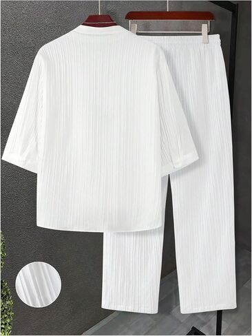 VIPWOLF Men's Big and Tall Outfits Textured 3/4 Sleeve Button Up Shirts and Wide Leg Pants Summer Lounge Vacation Sets in Kuwait