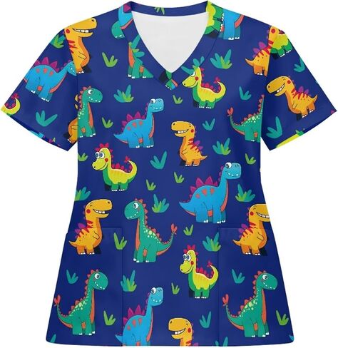 Scrub Tops for Women Stretchy V Neck Short Sleeve Cute Printed Floral Animal Nursing Pockets Working Uniforms in Kuwait