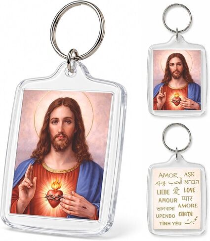 Religious Keychain Sacred Heart of Jesus, Double-Sided Picture, Catholic Gift for Men & Women, Spiritual Key Ring with “Love" in World Languages in Saudi Arabia