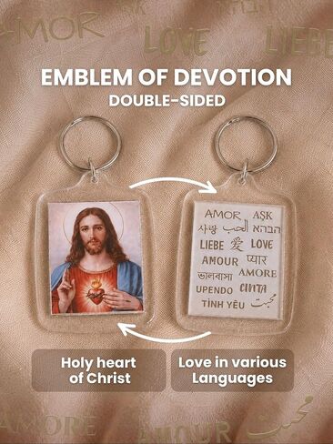 Religious Keychain Sacred Heart of Jesus, Double-Sided Picture, Catholic Gift for Men & Women, Spiritual Key Ring with “Love" in World Languages in Saudi Arabia