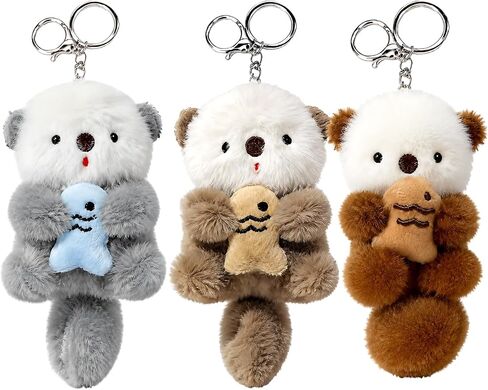 3PCS Otter Keychain, Adorable Animal Otter Plush Keychain Gift Set, Perfect for Keys and Backpacks, Three Color Options in Khaki, Light Blue, and Brown in Saudi Arabia