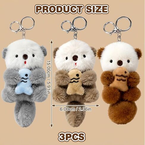 3PCS Otter Keychain, Adorable Animal Otter Plush Keychain Gift Set, Perfect for Keys and Backpacks, Three Color Options in Khaki, Light Blue, and Brown in Saudi Arabia