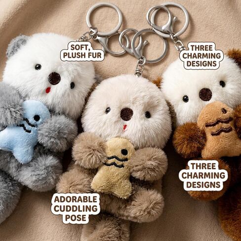 3PCS Otter Keychain, Adorable Animal Otter Plush Keychain Gift Set, Perfect for Keys and Backpacks, Three Color Options in Khaki, Light Blue, and Brown in Saudi Arabia