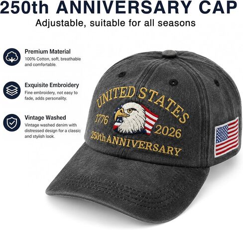 USA 250th Anniversary Hat 1776-2026, Adjustable Vintage Washed Cap with Embroidered Eagle & Flag, Patriotic Commemorative Baseball Cap Gift for Men and Women Grey in Saudi Arabia