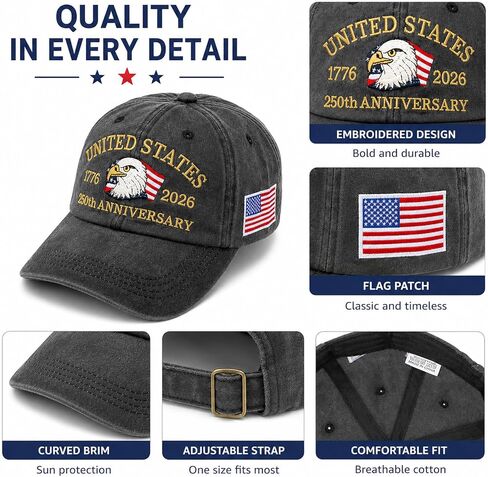USA 250th Anniversary Hat 1776-2026, Adjustable Vintage Washed Cap with Embroidered Eagle & Flag, Patriotic Commemorative Baseball Cap Gift for Men and Women Grey in Saudi Arabia