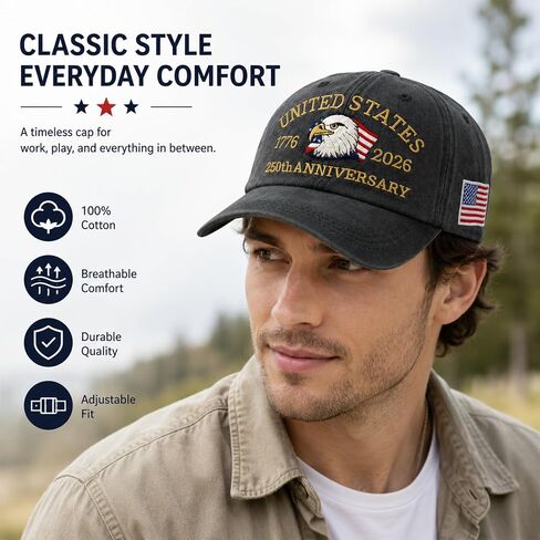 USA 250th Anniversary Hat 1776-2026, Adjustable Vintage Washed Cap with Embroidered Eagle & Flag, Patriotic Commemorative Baseball Cap Gift for Men and Women Grey in Saudi Arabia
