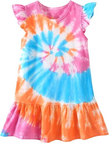 Toddler Girls Cotton Tie dye Dress Ruffle Sleeve Summer Rainbow Casual Sundress in Saudi Arabia