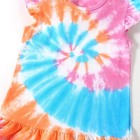 Toddler Girls Cotton Tie dye Dress Ruffle Sleeve Summer Rainbow Casual Sundress in Saudi Arabia