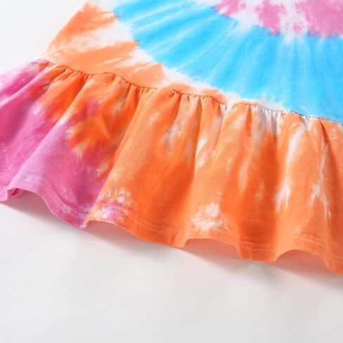 Toddler Girls Cotton Tie dye Dress Ruffle Sleeve Summer Rainbow Casual Sundress in Saudi Arabia
