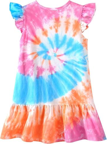 Toddler Girls Cotton Tie dye Dress Ruffle Sleeve Summer Rainbow Casual Sundress in Saudi Arabia