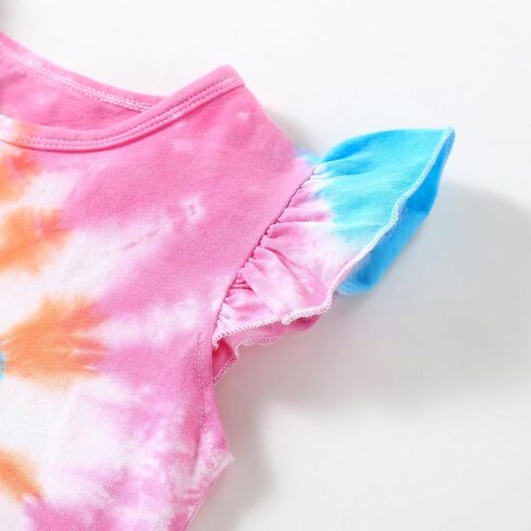 Toddler Girls Cotton Tie dye Dress Ruffle Sleeve Summer Rainbow Casual Sundress in Saudi Arabia
