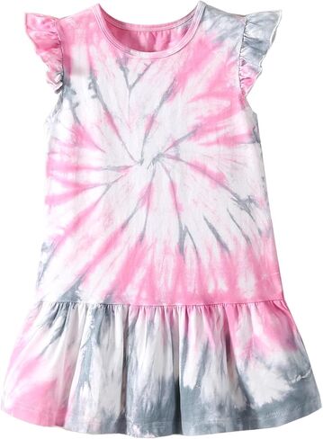 Toddler Girls Cotton Tie dye Dress Ruffle Sleeve Summer Rainbow Casual Sundress in Saudi Arabia