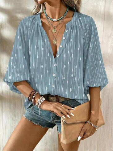 Women Boho Ethnic Print 3/4 Sleeve Blouse Casual V Neck Button Front Shirt for Daily Wear and Outdoor Styling Use in Kuwait